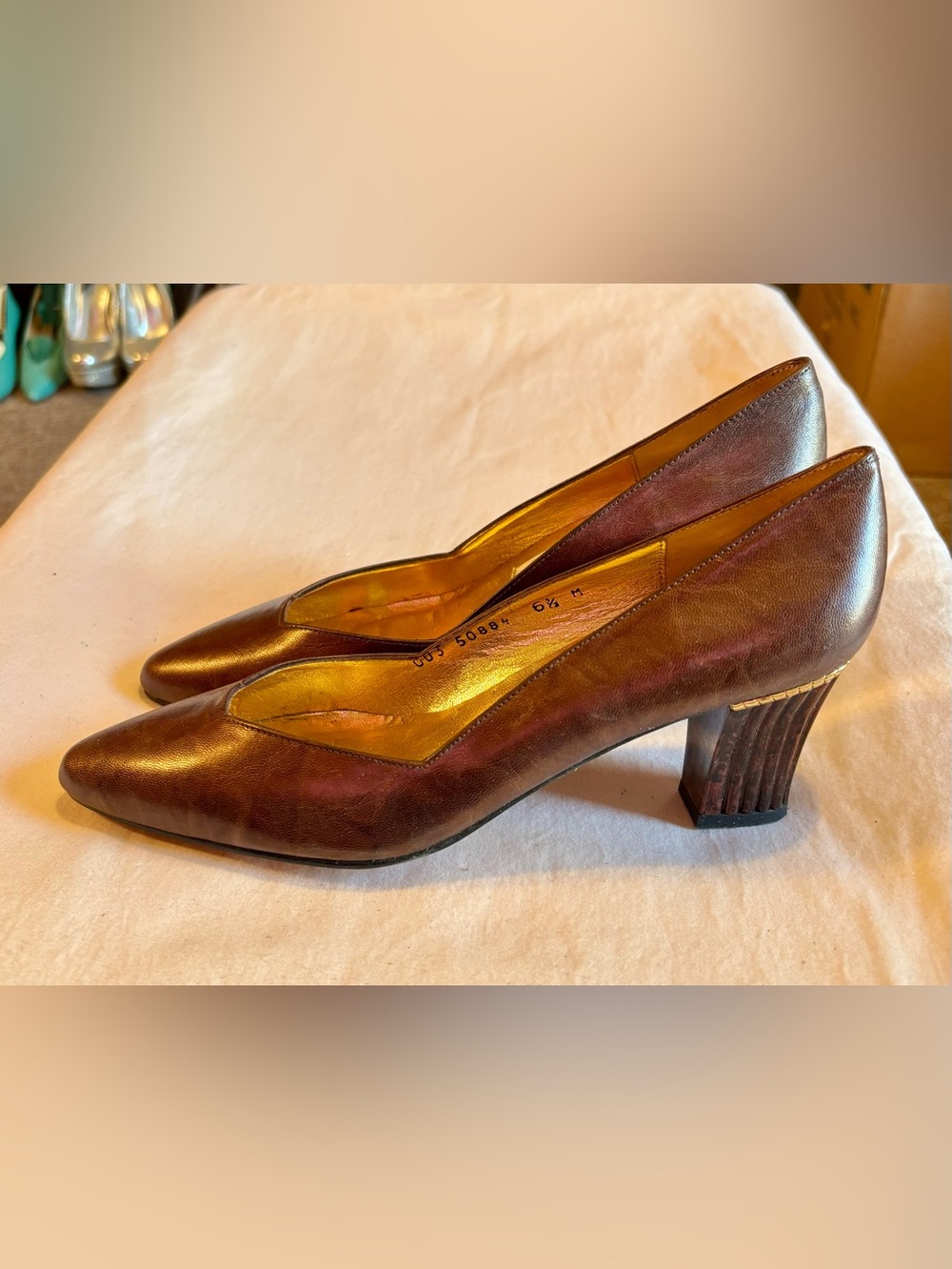 Timothy Hitsman Brown Leather Sculpted Block Heel Pumps